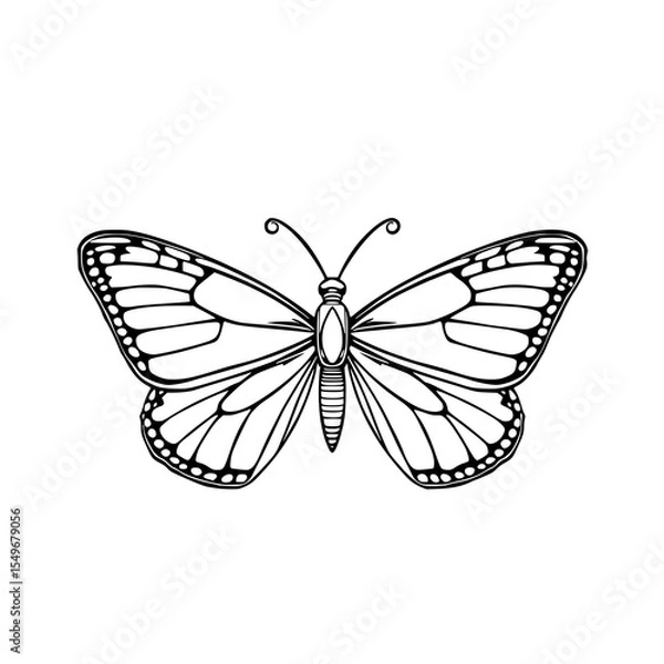 Fototapeta Monarch Butterfly Line Art: A detailed black and white illustration of a monarch butterfly, showcasing its intricate wing patterns and delicate body in a simple, elegant style.