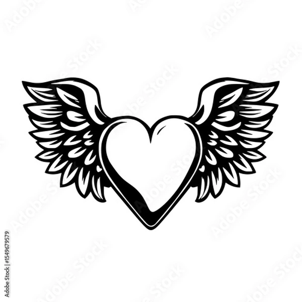 Fototapeta Winged Heart: A Vintage Line Art Illustration of a Heart with Wings