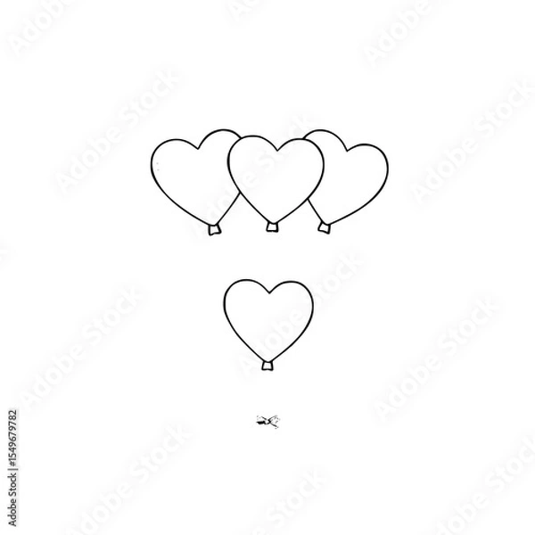 Fototapeta Heart Balloons & Bow: A charming line art illustration features three heart-shaped balloons above a single balloon, with a small bow below, creating a cute and playful design.