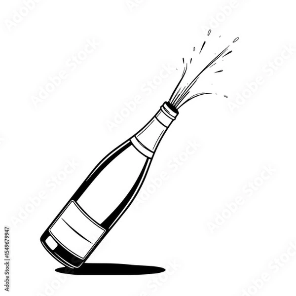 Fototapeta Champagne Celebration: A lively line art illustration depicts a champagne bottle with sparkling bubbles erupting, conveying festive joy and celebration.