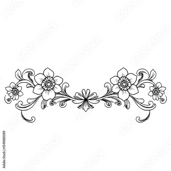 Fototapeta Floral Flourish: Elegant Line Art Design -  A monochrome illustration features two symmetrical blooming flowers with ornate, swirling vines, creating a decorative border perfect for design projects.