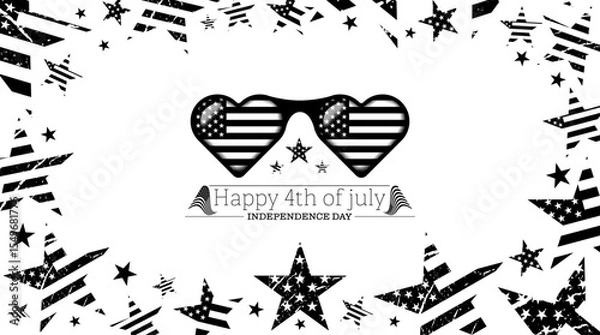 Fototapeta Black abstract 3d usa flag frame, heart shape glasses with american flag, independence day text vector. Usa freedom flag glasses to use for 4th july independence day, memorial day projects. 
