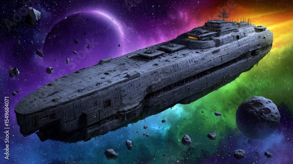Fototapeta Spaceship in space flying over planets and meteorites