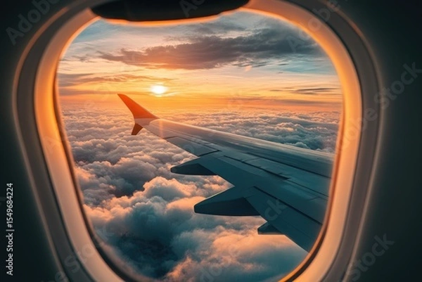 Fototapeta Airplane window view of sunset over clouds
