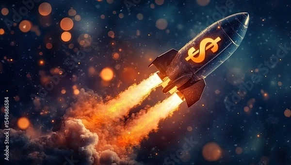 Obraz Rocket ship with dollar sign, soaring through fiery smoke into night sky