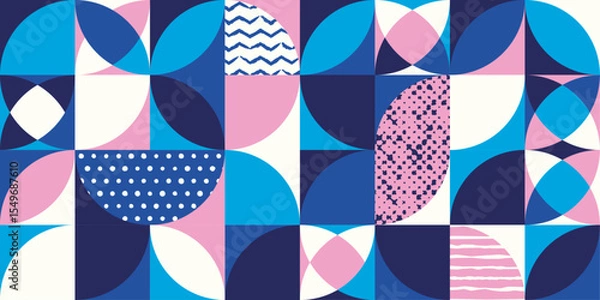 Fototapeta Pastel geometric pattern, half circles and textures in blue, pink, and white