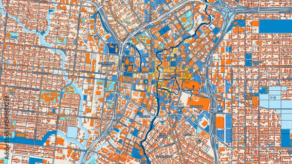 Fototapeta Colorful San Antonio Street Map with Labels and Buildings