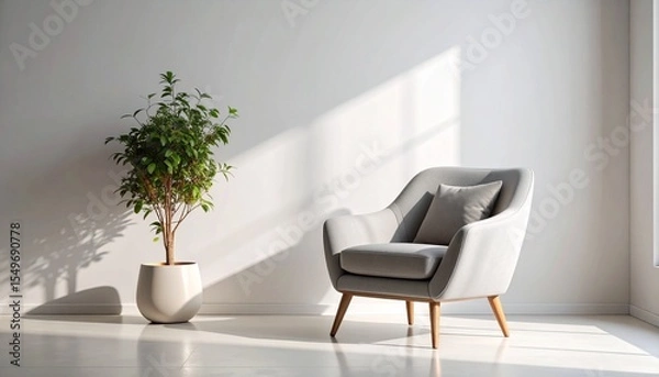 Fototapeta A curved minimalist chair in muted grey rests against a blank wall, casting gentle shadows on a seamless surface