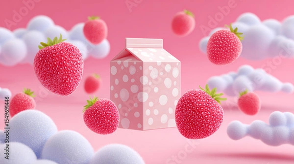 Fototapeta Milk carton and strawberries floating on pink background