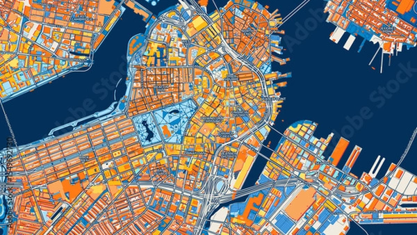 Fototapeta Colorful Boston Street Map with Labels and Buildings