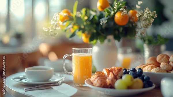 Obraz Delicious continental breakfast buffet with croissants, berries, citrus fruits, and fresh juice on a hotel table, warm morning sunlight and inviting atmosphere of gourmet dining experience