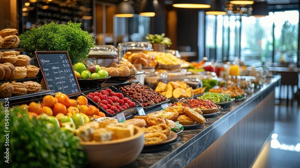 Obraz Elegant buffet display with fresh fruits, pastries, vegetables, and bakery items in a luxury hotel restaurant, offering a rich selection of colorful, healthy breakfast and brunch options in a modern i