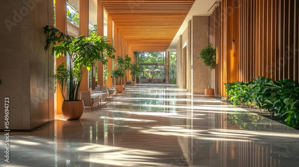 Obraz Bright hotel corridor with large windows, sunlight, wooden wall accents, and decorative indoor plants, creating a peaceful and nature-inspired modern space design