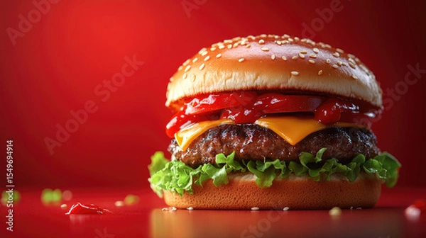 Obraz Juicy cheeseburger with lettuce, tomato, ketchup, melted cheese in a sesame seed bun, placed on a red background. Concept of fast food, delicious meal, culinary advertisement. Banner, copy space