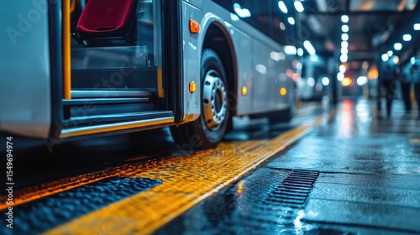 Obraz Close-up of bus door and wet platform with yellow tactile paving, modern public transport station scene with copy space for banner and accessibility concept
