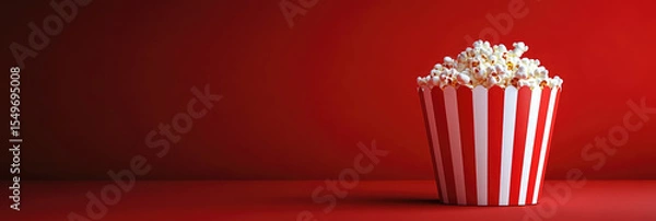 Obraz striped popcorn box on vibrant red background, classic cinema snack concept.banner, copy space, mockup