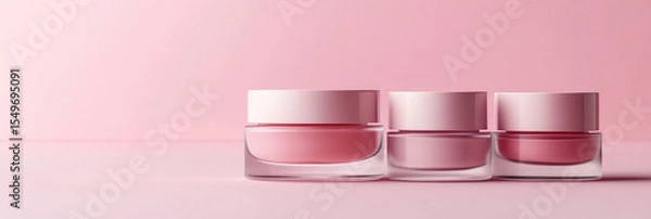 Obraz Three glass jars with white cosmetic cream on soft pink background, representing clean skincare, beauty routine essentials, and minimalist product presentation. Banner with copy space.Mock up