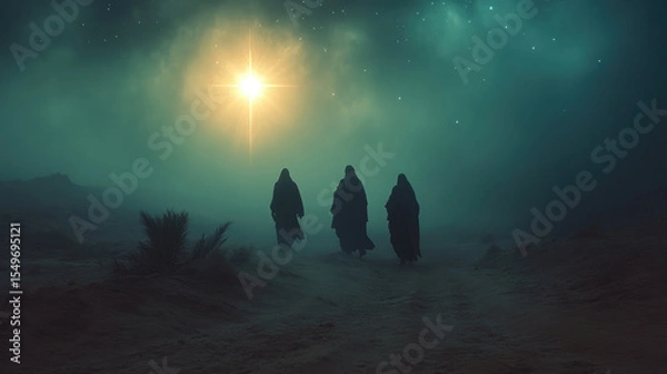 Obraz Three Wise Men walking through desert under starry night sky, following the bright Star of Bethlehem, symbolizing spiritual journey, faith, guidance, and Christmas nativity tradition