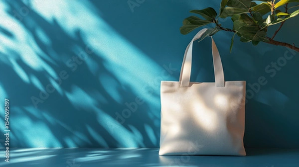 Obraz Eco fabric tote bag standing upright, illuminated by natural sunlight through window, promoting simplicity, sustainability and eco-conscious lifestyle. Banner. Copy space