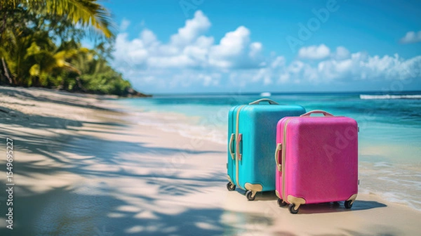 Obraz Bright colored travel suitcases placed against the backdrop tropical beach,turquoise waters palm trees,offering perfect travel adventure spirit,ideal vacation plans,banner,copy space,empty,mock up