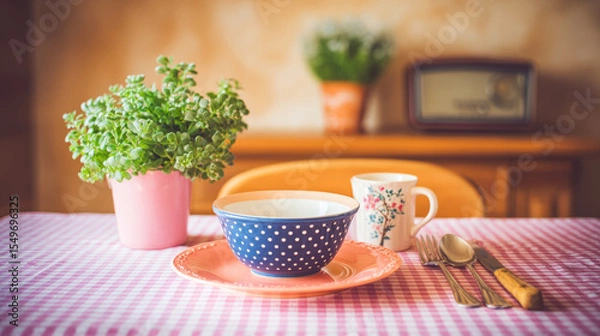 Fototapeta There are bowls, cups and plants on the table