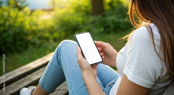 Fototapeta Woman on bench holds phone Blank screen Jeans white shirt park background