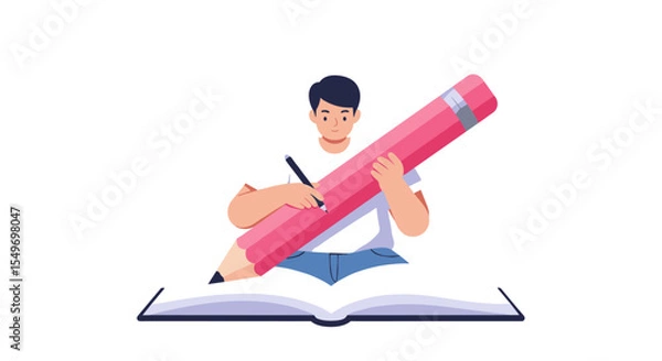 Obraz Creative writing concept with giant pencil and open book for learning and education vector illustration