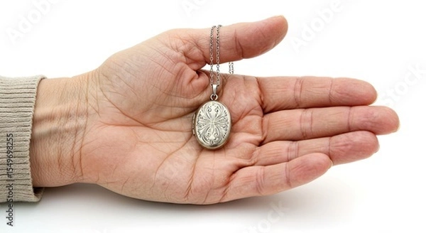 Fototapeta A hand holds a silver locket on a chain against a white backdrop