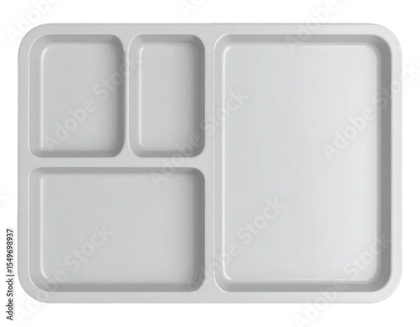 Fototapeta top view of modern rectangular food tray with multiple compartments, clean plastic design for meal presentation, on isolated background
