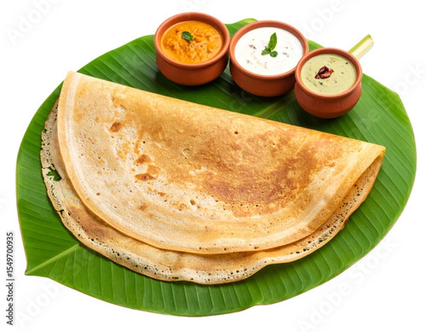 Fototapeta  Angled Close-Up of Folded Masala Dosa with Chutney Trio and Banana Leaf Plate, Isolated on Transparent Background