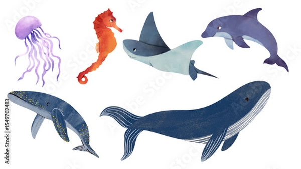 Fototapeta Set of blue cartoon fish vector illustration in ocean style
