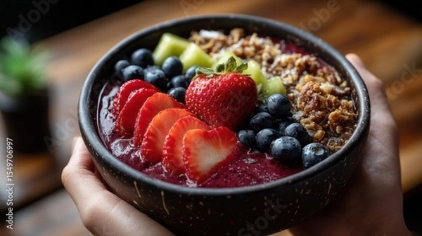 Obraz Acai bowl being garnished , overhead shot , in a beach cafe , natural layout , with bright tropical light