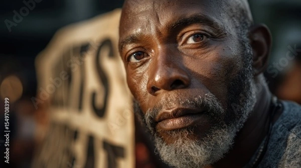 Obraz An African American man holding a Juneteenth banner , portrait shot , in front of a crowd at the festival , strong emotional connection and direct focus , with golden sunset light