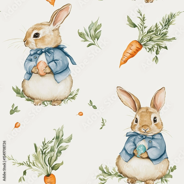 Fototapeta Cute bunny rabbit holding easter egg and wearing blue jacket, seamless pattern