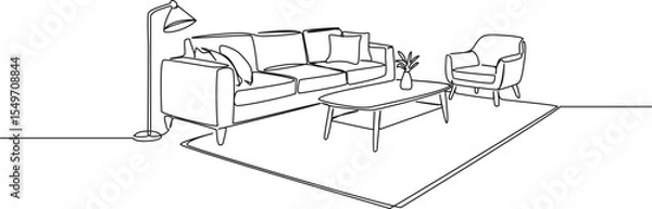 Obraz continuous single line drawing of living room furniture, line art vector illustration