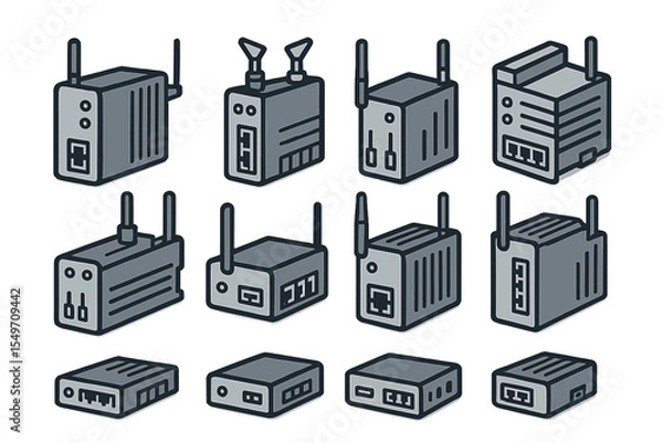 Fototapeta Collection of various network devices and routers arranged in a grid pattern for illustration of technology options