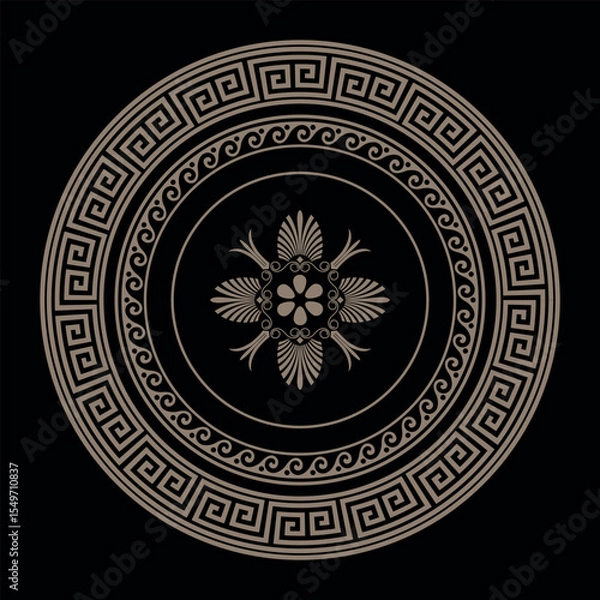Fototapeta Greek classic gold round pattern frame plate with pattern in center. Greek meander. Circle european border. Patterns of Greece, ancient Rome. Classic egyptian, assyrian, greek motives