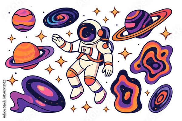 Fototapeta Colorful astronaut exploring a vibrant cosmic scene filled with planets and galaxies in a playful illustration