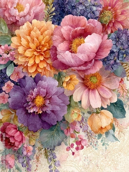 Fototapeta A vibrant bouquet featuring a stunning selection of flowers, including peonies, dahlias, and wildflowers in shades of pink, orange, and purple, creating a colorful, harmonious arra