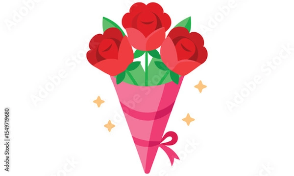 Fototapeta A vibrant bouquet of three red roses with green leaves and a pink wrapper tied with a pink ribbon isolated on white background