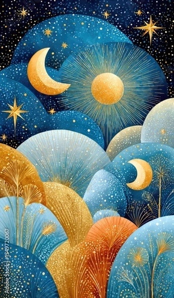Fototapeta A vibrant celestial scene featuring moon phases, shining stars, and colorful mounds, embodying a sense of wonder and cosmic beauty. Ideal for spiritual and artistic themes.