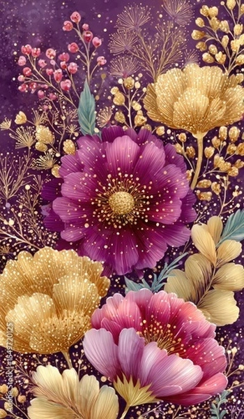 Fototapeta A vibrant floral illustration featuring a mix of purple, gold, and pink flowers surrounded by delicate foliage, perfect for adding a touch of elegance to any design.