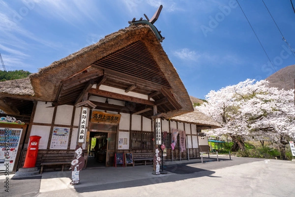 Obraz 満開の桜と湯野上温泉駅 駅舎　福島県下郷町