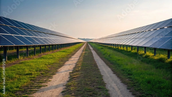 Fototapeta Solar panels in large field with dirt path in middle, capturing sunlight for renewable energy production
