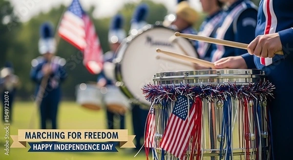 Fototapeta Patriotic marching band drummer playing a snare drum decorated with an American flag during an Independence Day parade celebration with greeting text.