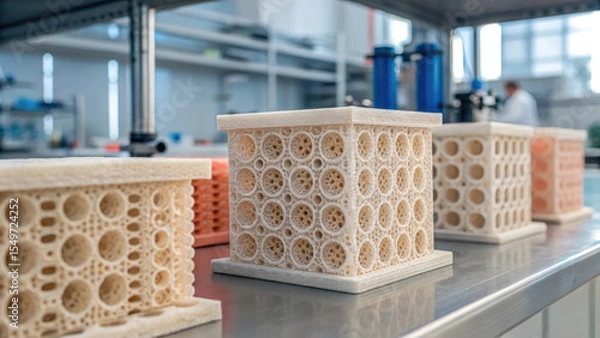 Fototapeta 3D printed porous ceramic blocks on laboratory table, showcasing intricate designs for industrial or scientific applications
