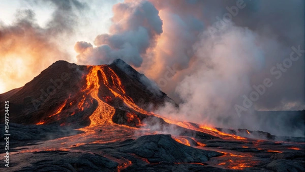 Fototapeta Fiery volcanic eruption with molten lava flowing down slopes, surrounded by thick smoke and ash clouds, creating dramatic natural scene