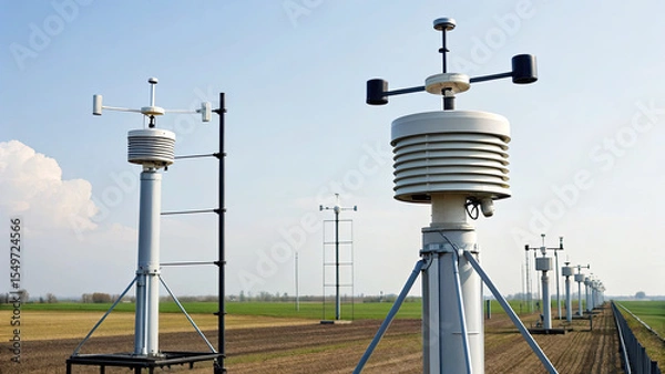 Fototapeta Weather monitoring stations with sensors and wind vanes in open agricultural field under clear sky