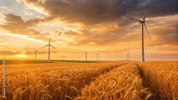 Fototapeta Golden wheat fields with wind turbines under dramatic sunset sky, symbolizing sustainable energy and harmony with nature