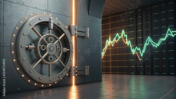 Fototapeta Large steel bank vault door is open, revealing secure interior, with glowing stock market graph displayed wall, symbolizing financial security